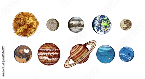 Planets in solar system. Moon and the sun, mercury and earth, mars and venus, jupiter or saturn and pluto. astronomical galaxy space. engraved hand drawn in old sketch, vintage style for label.
