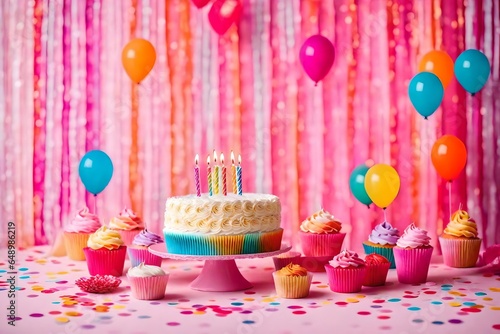 Birthday balloons and happy birthday cake with colorful candles