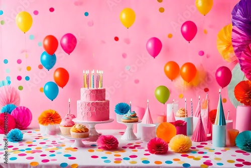 Birthday balloons and happy birthday cake with colorful candles