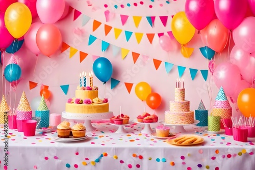 Birthday balloons and happy birthday cake with colorful candles
