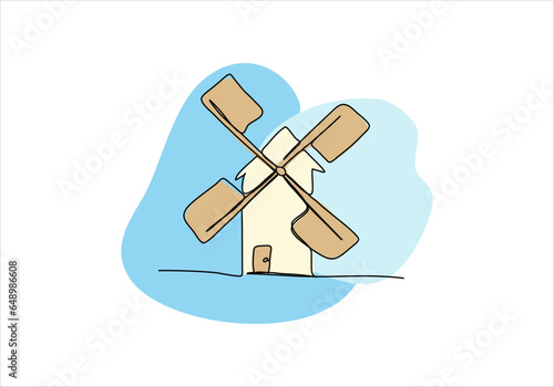 Wind mill one line drawing colored with pastel colors. Vector illustration.