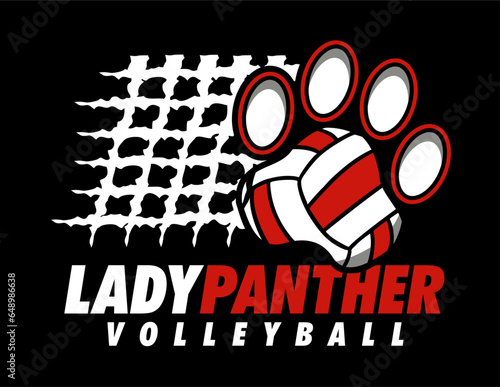 lady panther volleyball design with paw print ball and net for school, college or league sports