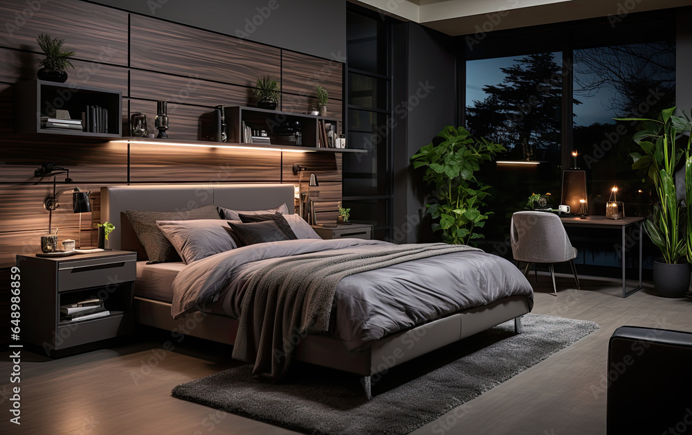 Interior design of a bedroom in modern style in dark tone, Generative AI Interior design of a bedroom in modern style in dark tone, Generative AI