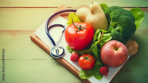 Healthy food with a stethoscope and prescription, symbolizing diet and medicine