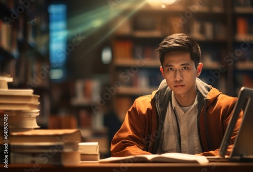 Asian Male Library Style Backdrop Generative AI