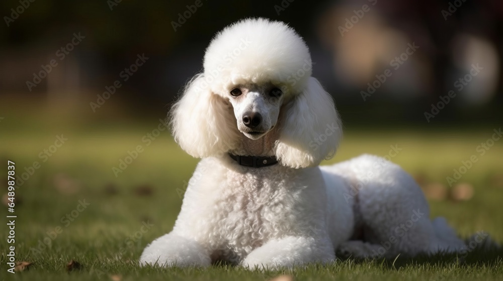 playful poodle on grass, in the park, in a yard
