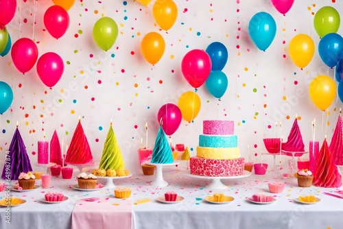 Birthday balloons and happy birthday cake with colorful candles
