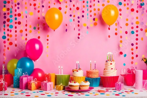 Birthday balloons and happy birthday cake with colorful candles