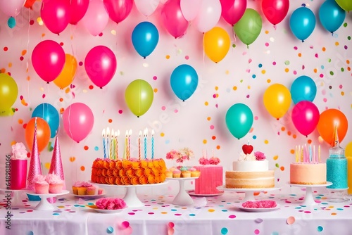 Birthday balloons and happy birthday cake with colorful candles