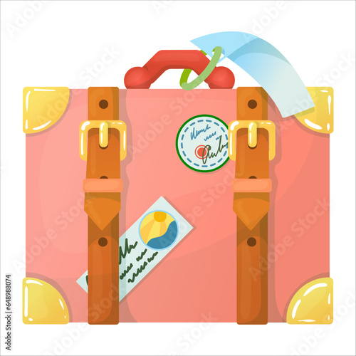 A bright pink suitcase for travel. Hand luggage. Bag. Entertainment, moving to another country. Vector illustration on a white background in cartoon style.