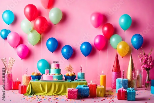 Birthday balloons and happy birthday cake with colorful candles