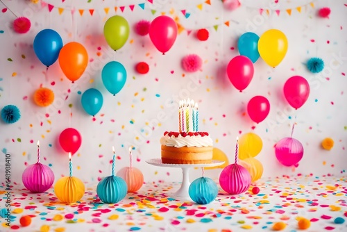 Birthday balloons and happy birthday cake with colorful candles