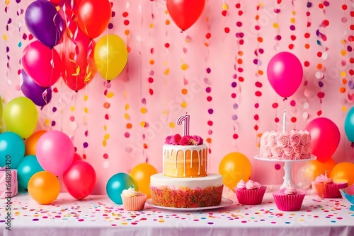 Birthday balloons and happy birthday cake with colorful candles