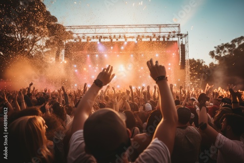 Live concert show on open air. People party on music festival, first person view