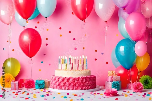 Birthday balloons and happy birthday cake with colorful candles