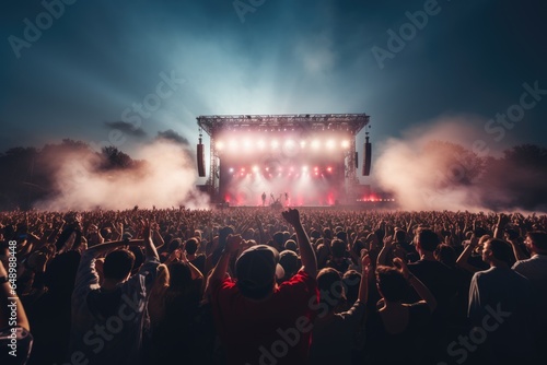 Live concert show on open air. People party on music festival, first person view
