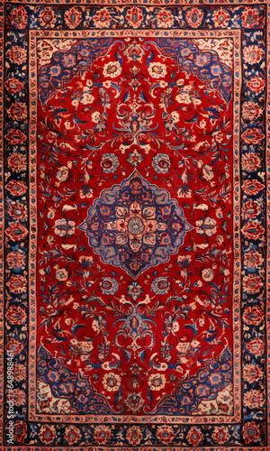 Persian carpet in red purple color with antique pattern on the floor top view