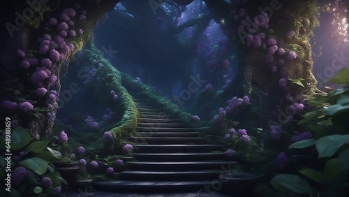 stairway to the elven kingdom  in a magical forest at night  lit by lanterns lined with purple flowers