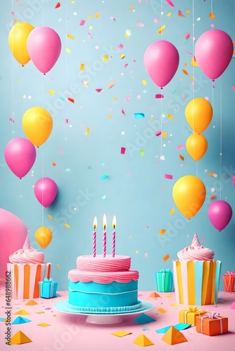 Birthday balloons and happy birthday cake with colorful candles