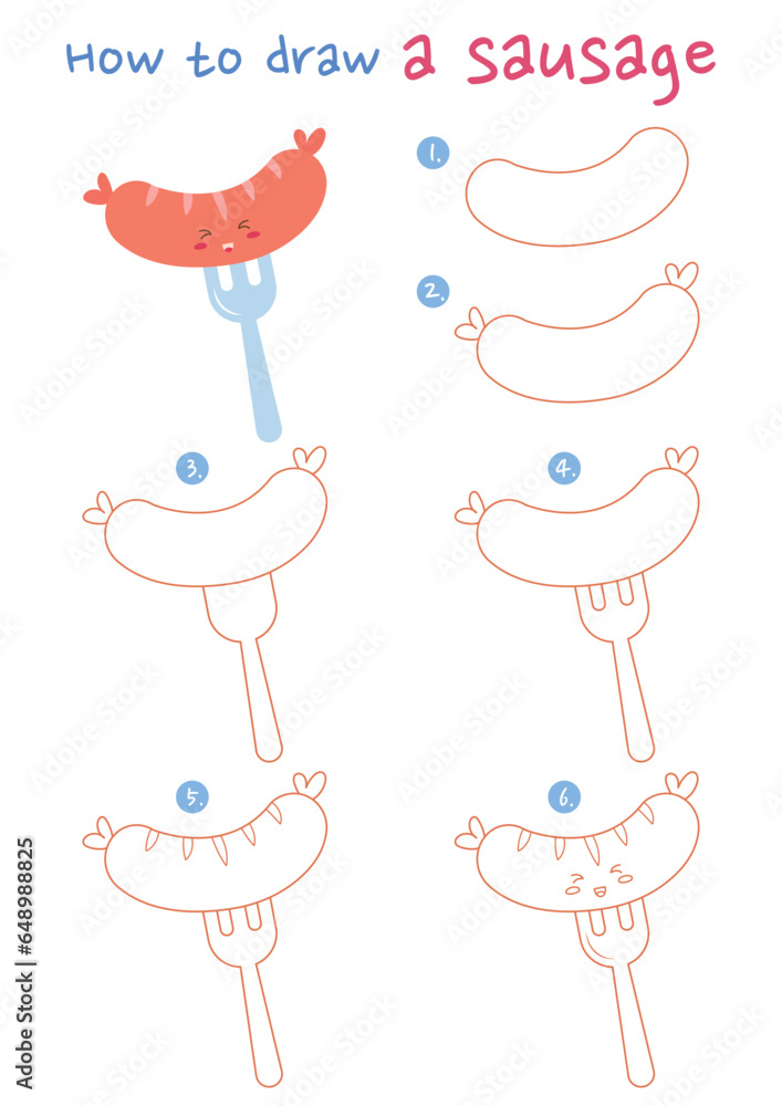 How to draw a sausage vector illustration. Draw sausage step by step