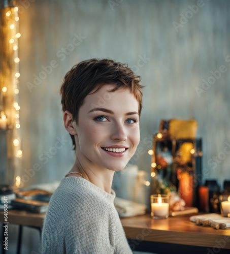beautiful nordic girl sited at her desk , christmas day deco in the background with lights and burning candles