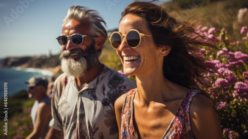 an adult couple in love enjoying a walk by the sea