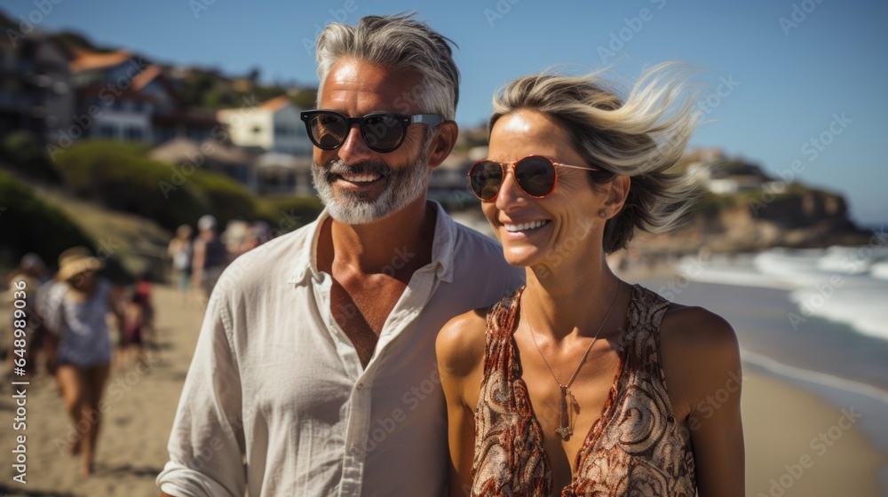 an adult couple in love enjoying a walk by the sea