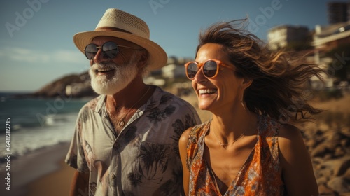 an adult couple in love enjoying a walk by the sea © stasknop