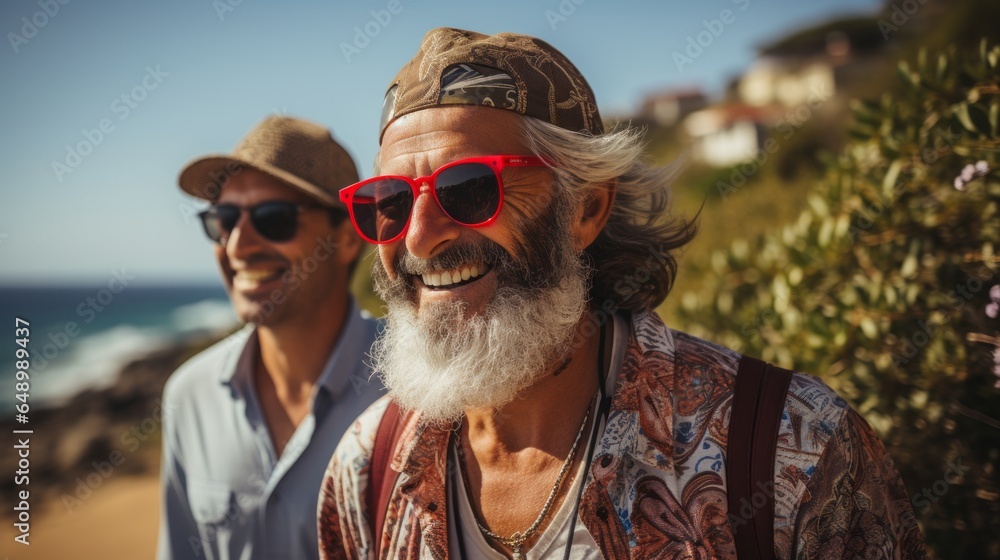 an adult couple in love enjoying a walk by the sea