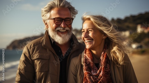 an adult couple in love enjoying a walk by the sea