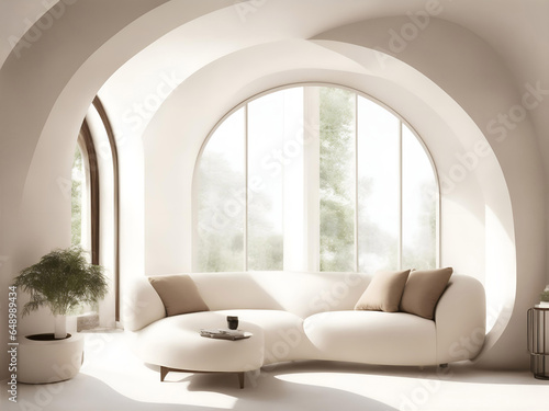 Design a minimalist modern living room with a curved sofa placed against a large arched window.