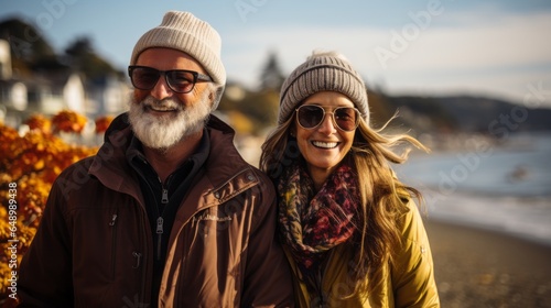 an adult couple in love enjoying a walk by the sea © stasknop