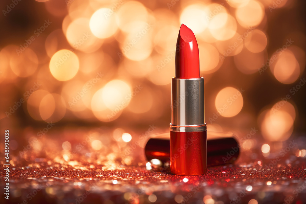 Red lipstick on bokeh golden lights background.