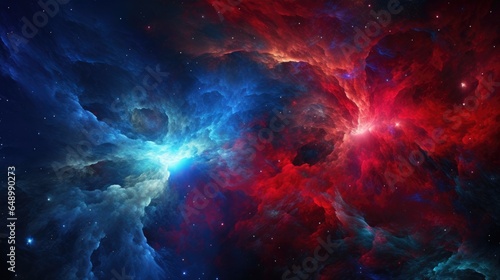 Red blue abstract cosmic galaxy background. Celestial outer space wallpaper. Illustration of beauty of colorful stellar universe with stars and nebula.