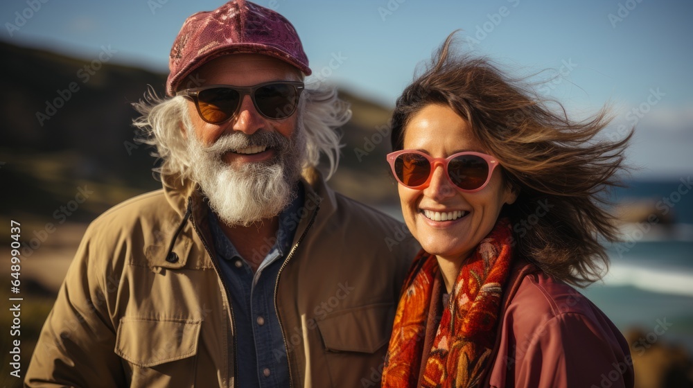 an adult couple enjoying a vacation by the sea