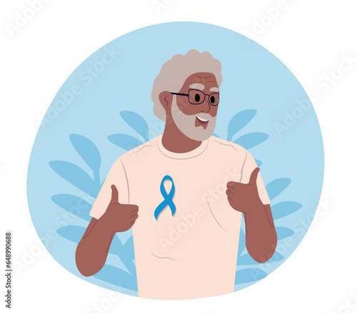 A black elderly man and a symbol of mens health. Prostate cancer awareness ribbon with. Flat vector illustration.