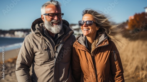 an adult couple enjoying a walk by the sea © stasknop