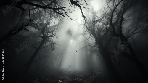 Low angle shot - Halloween background - fog - most - dreary night - scary and spooky trees 