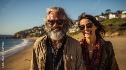 an adult couple enjoying a walk by the sea © stasknop