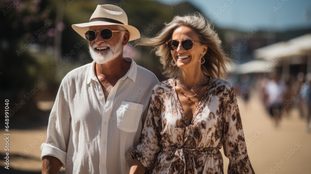 an adult couple enjoying a walk by the sea an adult couple enjoying a walk by the sea