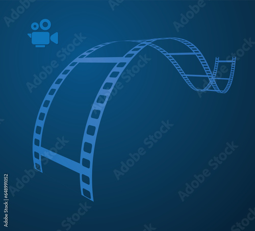 Blue cinema abstract background. 3d design with film reel and movie video camera.