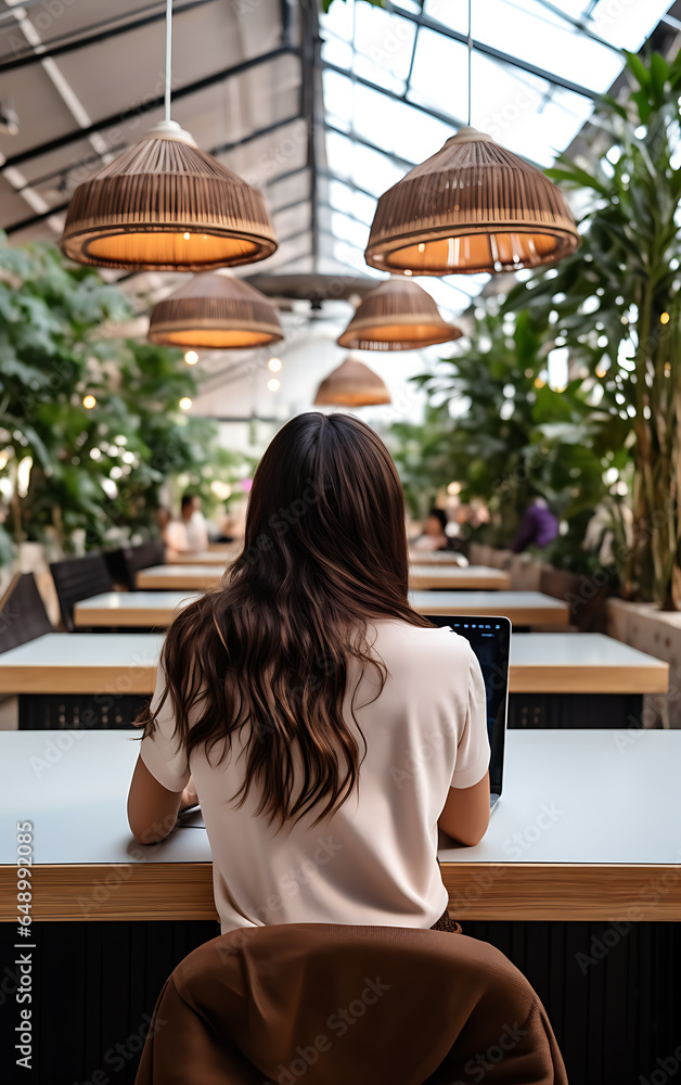 Remote work using laptop woman in cafe or coworking space back view Remote work using laptop woman in cafe or coworking space back view