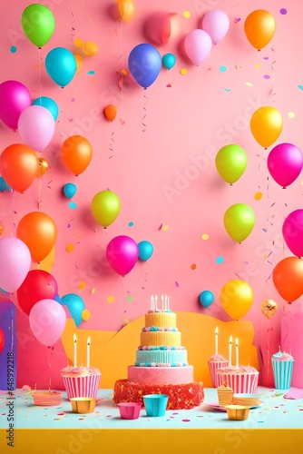 Birthday balloons and happy birthday cake with colorful candles