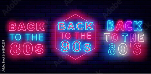 Back to the 80s and 90s neon signboards set. Glowing advertising. Retro party celebration. Vector stock illustration