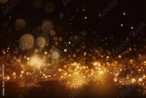 Golden glitter particles flying in the air with defocused abstract Twinkly Lights. Shiny metallic texture for Christmas and gala celebration. AI Generative.