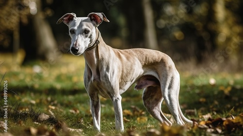 playful whippet dog in the park, in the yard, on grass