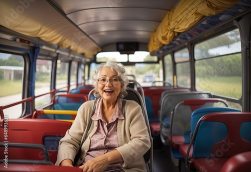 Very happy old woman inside bus