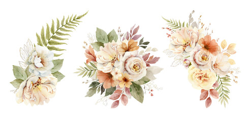 Watercolor set of flower bouquets with soft light blush roses and leaves.  Arrangement for greeting cards, stationery, wedding invitations and decorations. Hand painted  illustration.