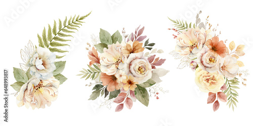 Watercolor set of flower bouquets with soft light blush roses and leaves.  Arrangement for greeting cards, stationery, wedding invitations and decorations. Hand painted  illustration.