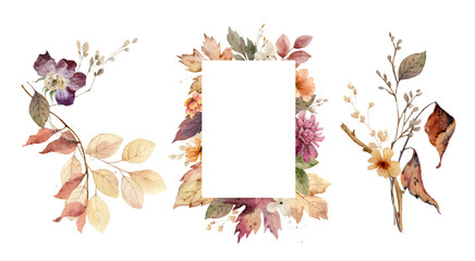 Watercolor set of flower wreaths with neutral flowers and leaves.  Arrangement for greeting cards, stationery, wedding invitations and decorations. Hand painted  illustration.